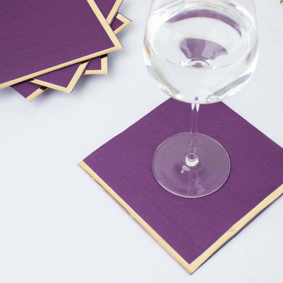 50-Pack Paper Beverage Napkins with Gold Foil Edge Purple - Disposable 2 Ply Cocktail Napkins for Events 6.5’’x6.5’’