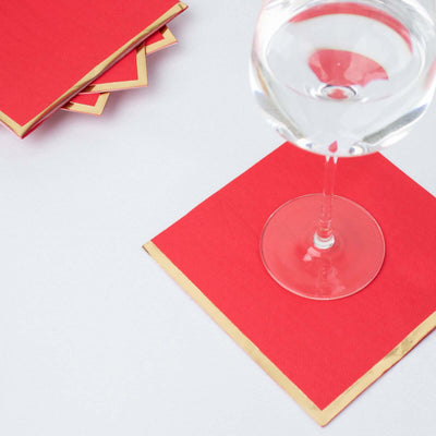 50-Pack Paper Beverage Napkins with Gold Foil Edge Red - Disposable 2 Ply Cocktail Napkins for Events 6.5’’x6.5’’