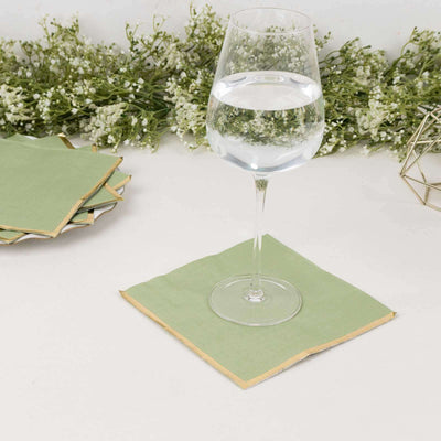50-Pack Paper Beverage Napkins with Gold Foil Edge Sage Green - Disposable 2 Ply Cocktail Napkins for Events