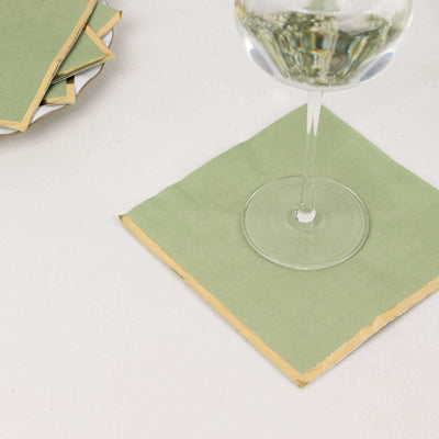 50-Pack Paper Beverage Napkins with Gold Foil Edge Sage Green - Disposable 2 Ply Cocktail Napkins for Events