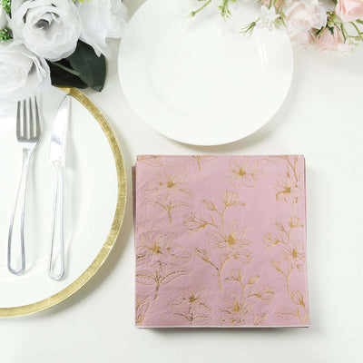 50-Pack Paper Cocktail Napkins with Gold Magnolia Flowers Print Dusty Rose - Highly 2 Ply Absorbent Soft Napkins