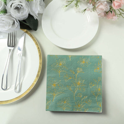 50-Pack Paper Cocktail Napkins with Gold Magnolia Flowers Print Dusty Sage Green - Highly 2 Ply Absorbent Soft Napkins