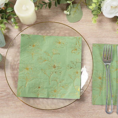 50-Pack Paper Cocktail Napkins with Gold Magnolia Flowers Print Sage Green - Highly 2 Ply Absorbent Soft Napkins
