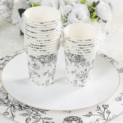 50-Pack Paper Cups in White with Black French Toile Print - Stylish Disposable Floral Party Cups for Weddings & All