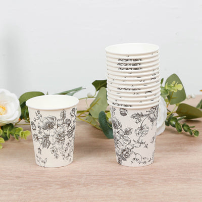 50-Pack Paper Cups in White with Black French Toile Print - Stylish Disposable Floral Party Cups for Weddings & All