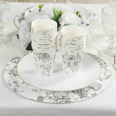 50-Pack Paper Cups in White with Sage Green French Toile Print - Stylish Disposable Floral Party Cups for Weddings &