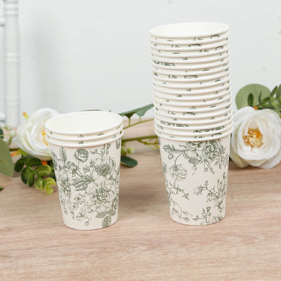 50-Pack Paper Cups in White with Sage Green French Toile Print - Stylish Disposable Floral Party Cups for Weddings &