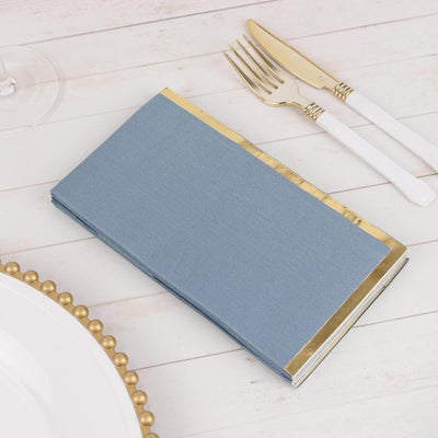 50-Pack Paper Dinner Napkins Dusty Blue with Gold Foil Edge 2 Ply - Stylish Disposable Napkins - Napkins