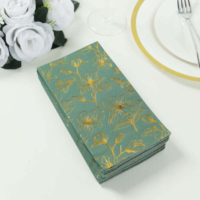 50-Pack Paper Dinner Napkins Dusty Sage Green with Gold Magnolia Flowers Print 2-Ply - Disposable Soft Napkins