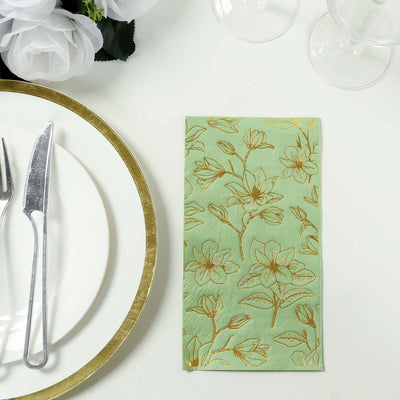 50-Pack Paper Dinner Napkins Sage Green with Gold Magnolia Flowers Print 2-Ply - Disposable Soft Napkins for Parties