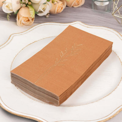 50-Pack Paper Dinner Napkins Terracotta (Rust) with Gold Embossed Leaf - Stylish 2-Ply Disposable Napkins for Weddings