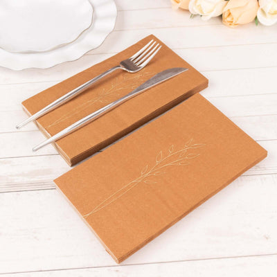 50-Pack Paper Dinner Napkins Terracotta (Rust) with Gold Embossed Leaf - Stylish 2-Ply Disposable Napkins for Weddings