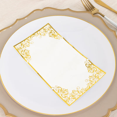 50-Pack Paper Dinner Napkins White with Gold Foil Lace Design 2 Ply - European Style Napkins for Parties 8’’x4’’