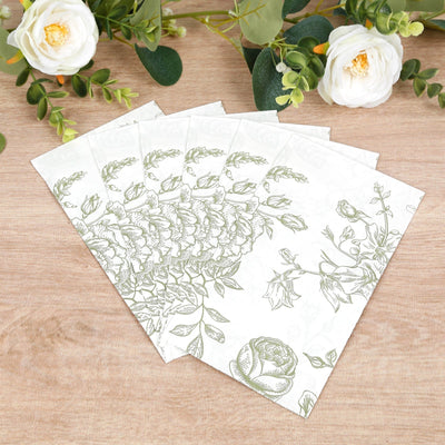 50-Pack Paper Dinner Napkins White with Matte Sage Green French Toile Floral Pattern 2-Ply - Stylish Disposable Napkins