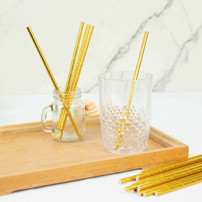 50-Pack Paper Drinking Straws Metallic Gold Foil Food Grade - Disposable Biodegradable Straws for Events 8’’