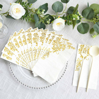 50-Pack Paper Napkins White with Gold Baroque Floral Print - Stylish Disposable Dinner Napkins 8’’x4’’ - Napkins
