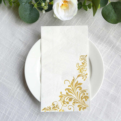 50-Pack Paper Napkins White with Gold Baroque Floral Print - Stylish Disposable Dinner Napkins 8’’x4’’ - Napkins