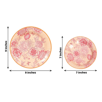 50-Pack Paper Round Dessert and Dinner Plates in Dusty Rose Spring Floral Print with Gold Rim for Table Decor 7’’ 9’’
