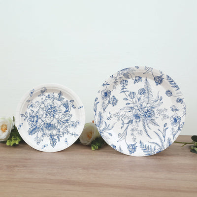 50-Pack Paper Round Dessert and Dinner Plates in White with Blue French Toile Pattern 7’’ 9’’ - Disposables