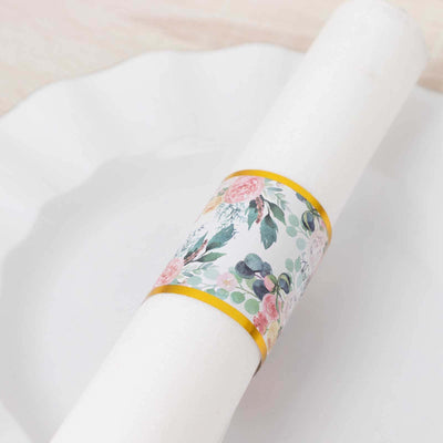 50 Pack Pink Peony Floral Paper Napkin Holder Bands with Gold Edge Disposable Napkin Rings - 1.5’’ - Napkins