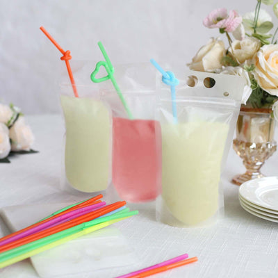 50-Pack Plastic Drink Pouches 12oz Clear - Stand Up Reclosable Hand-Held Juice Smoothie Drink Bags with Straws