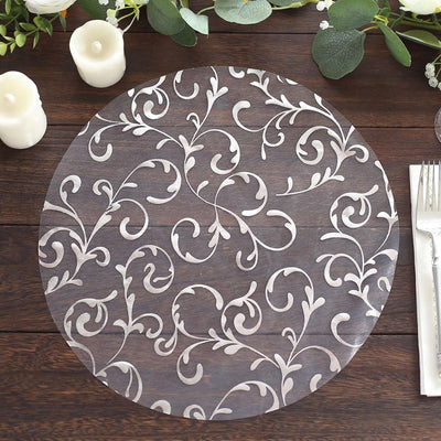 50-Pack Table Placemats Embossed Foil Flower Design Metallic Silver Round - Sheer Organza Disposable Mats 13’’