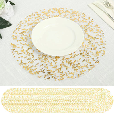50-Pack Table Placemats Gold Foil Leaf Vine Design White Round - Organza Disposable Floral Mats 13’’ - Placemat
