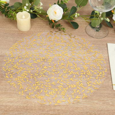 50-Pack Table Placemats Gold Foil Leaf Vine Design White Round - Organza Disposable Floral Mats 13’’ - Placemat