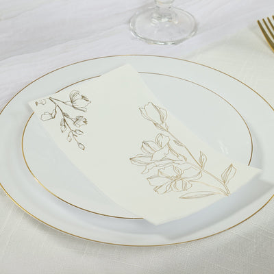 50 Pack White 2-Ply Paper Party Napkins with Gold Lilly Flowers Print Highly Absorbent Soft Disposable Dinner Napkins