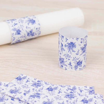 50 Pack White Blue Paper Napkin Holder Bands in French Toile Floral Pattern Disposable Napkin Rings - 1.5’’ - Napkins