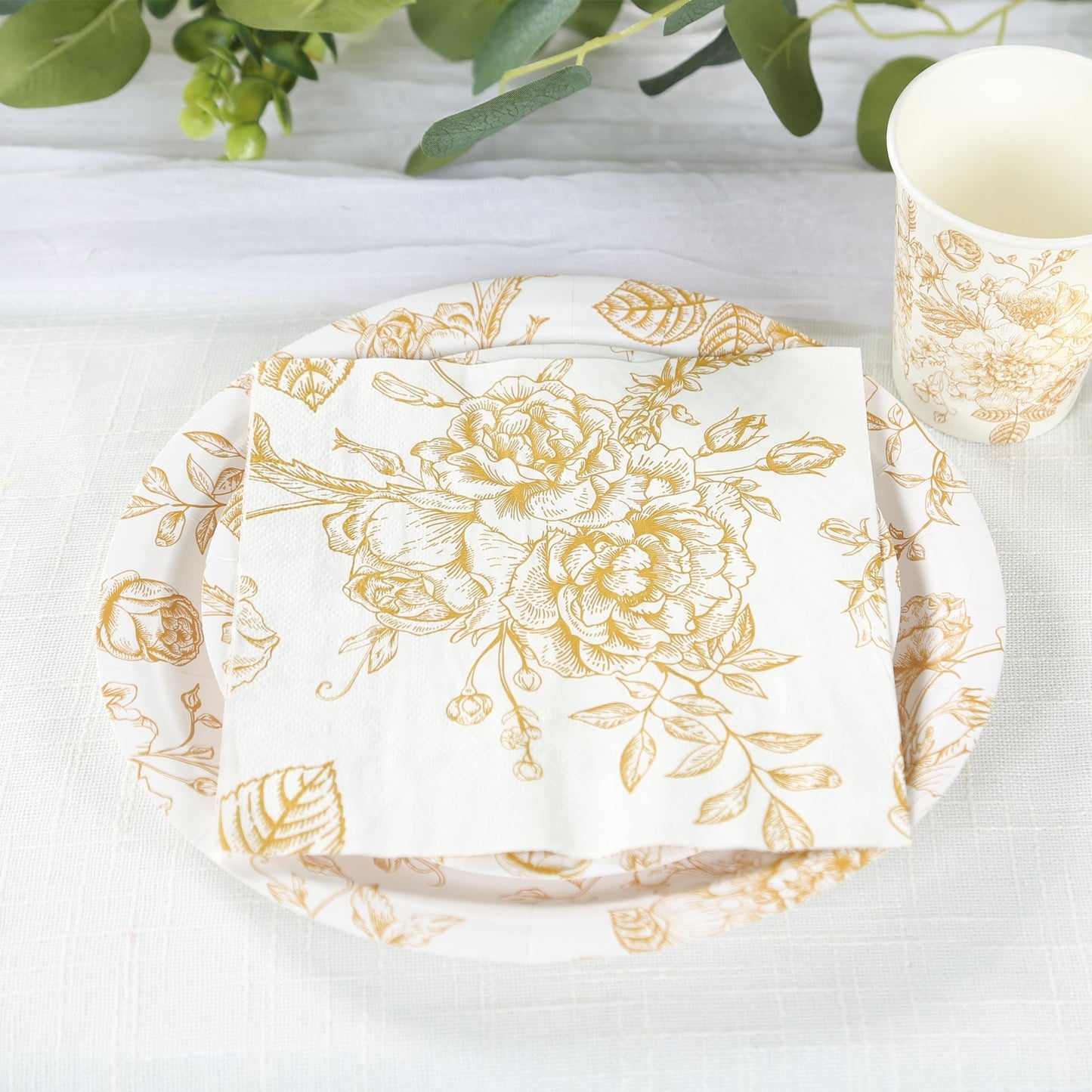 50-Pack Paper Cocktail Napkins with French Toile Floral Pattern White/Gold - Soft 2 Ply Beverage Napkins for Events