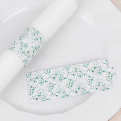 50 Pack White Green Paper Napkin Holder Bands with Eucalyptus Leaves Disposable Napkin Rings - 1.5’’ - Napkins