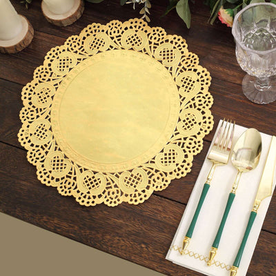 50 Pcs Paper 12’’ Round Placemats in Gold - Food Grade Lace Paper Doilies for Dessert Display & Table Decor