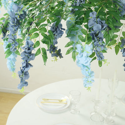 55’’ Artificial Silk Wisteria Vine Round Hanging Canopy in Dusty & Light Blue Draping Garland Flower Chandelier