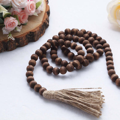 55’’ Brown Rustic Boho Chic Wood Bead Garland With Tassels Farmhouse Country Wood Bead Chain - Decorations