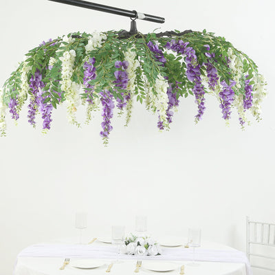 55’’ Cream Purple Artificial Silk Wisteria Vine Round Hanging Canopy Draping Garland Flower Chandelier
