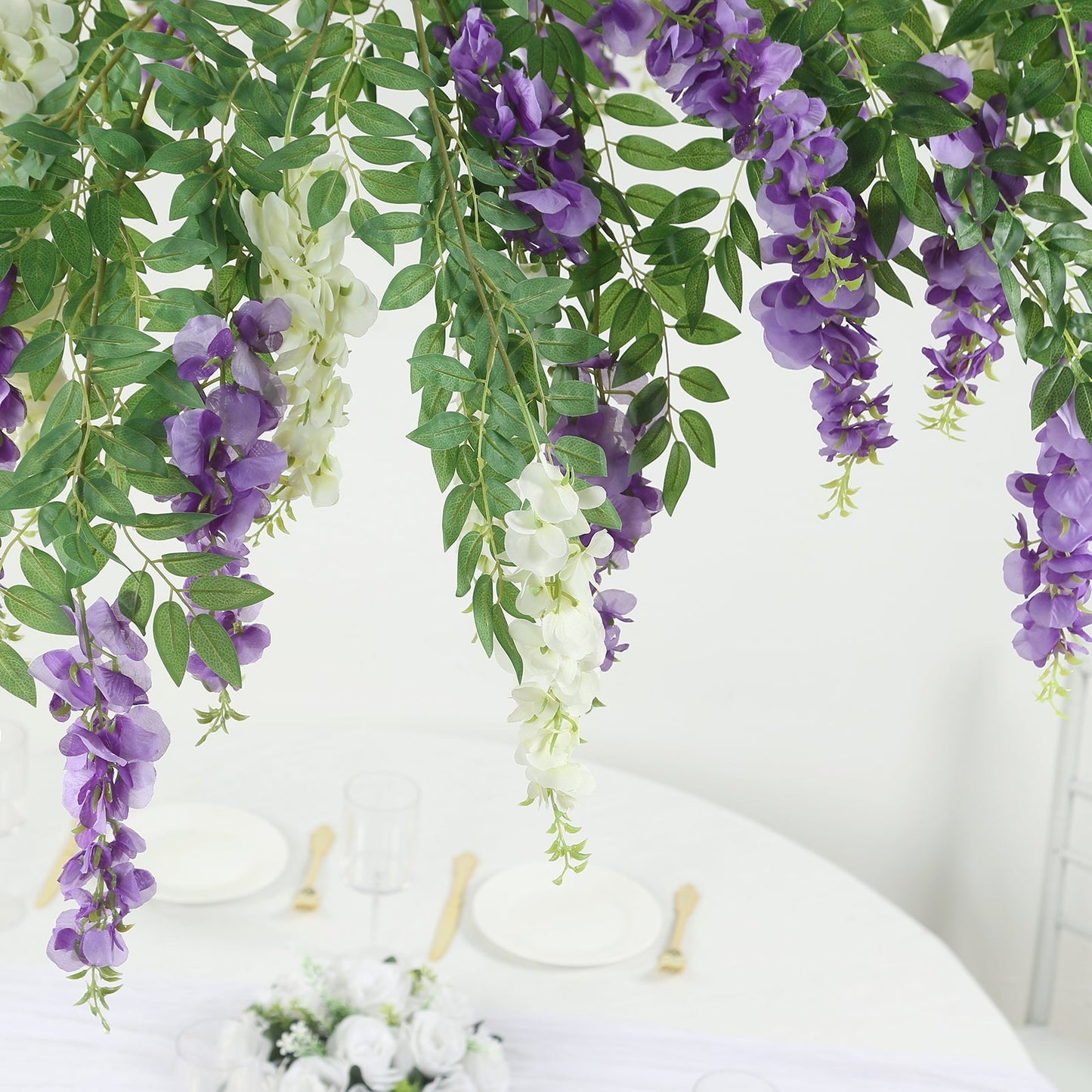 55" Cream Purple Artificial Silk Wisteria Vine Round Hanging Canopy, Draping Garland Flower Chandelier With Interchangeable Branches