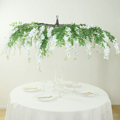 55’’ White Artificial Silk Wisteria Vine Round Hanging Canopy Draping Garland Flower Chandelier With Interchangeable