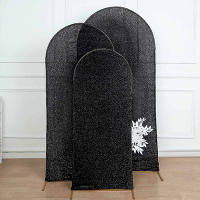 5ft Black Shimmer Tinsel Spandex Chiara Backdrop Stand Cover For Fitted Round Top Wedding Arch - Backdrops