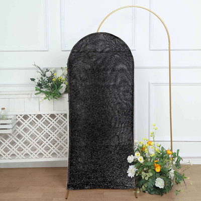 5ft Black Shimmer Tinsel Spandex Chiara Backdrop Stand Cover For Fitted Round Top Wedding Arch - Backdrops