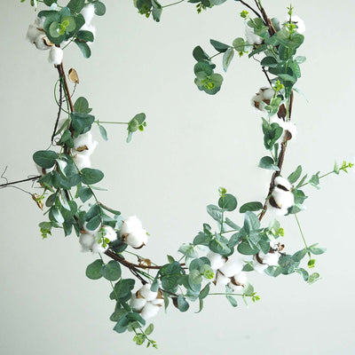 5ft Green Artificial Eucalyptus Leaf, White Cotton Ball Garland Vine