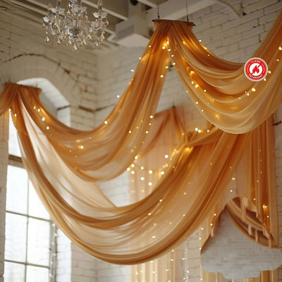 5ftx32ft Gold Chiffon Curtain Panel Durable Flame Resistant Backdrop Ceiling Drapery With Rod Pocket - Backdrops