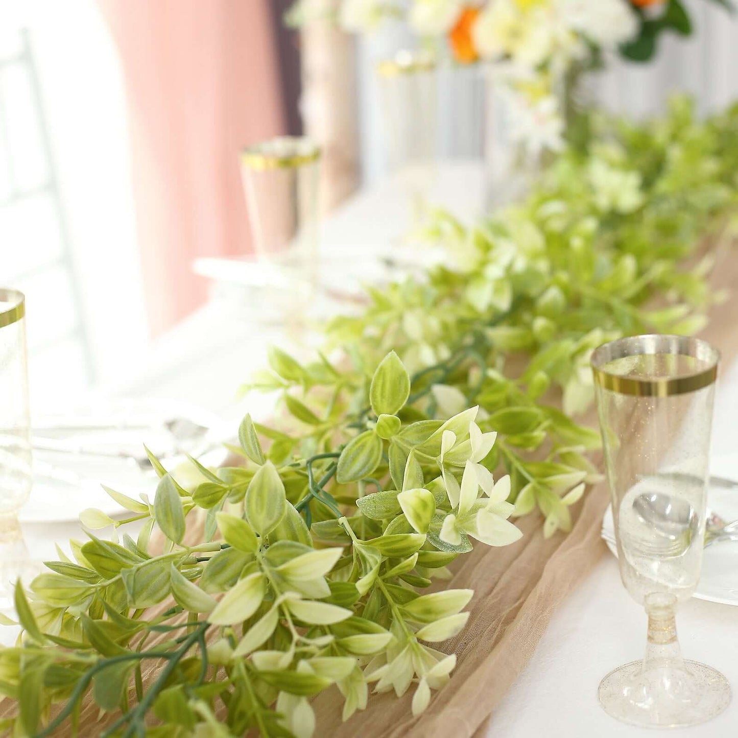 6.5ft Green Artificial Wandering Peperomia Tetragona Leaf Vine, Faux Table Hanging Garland