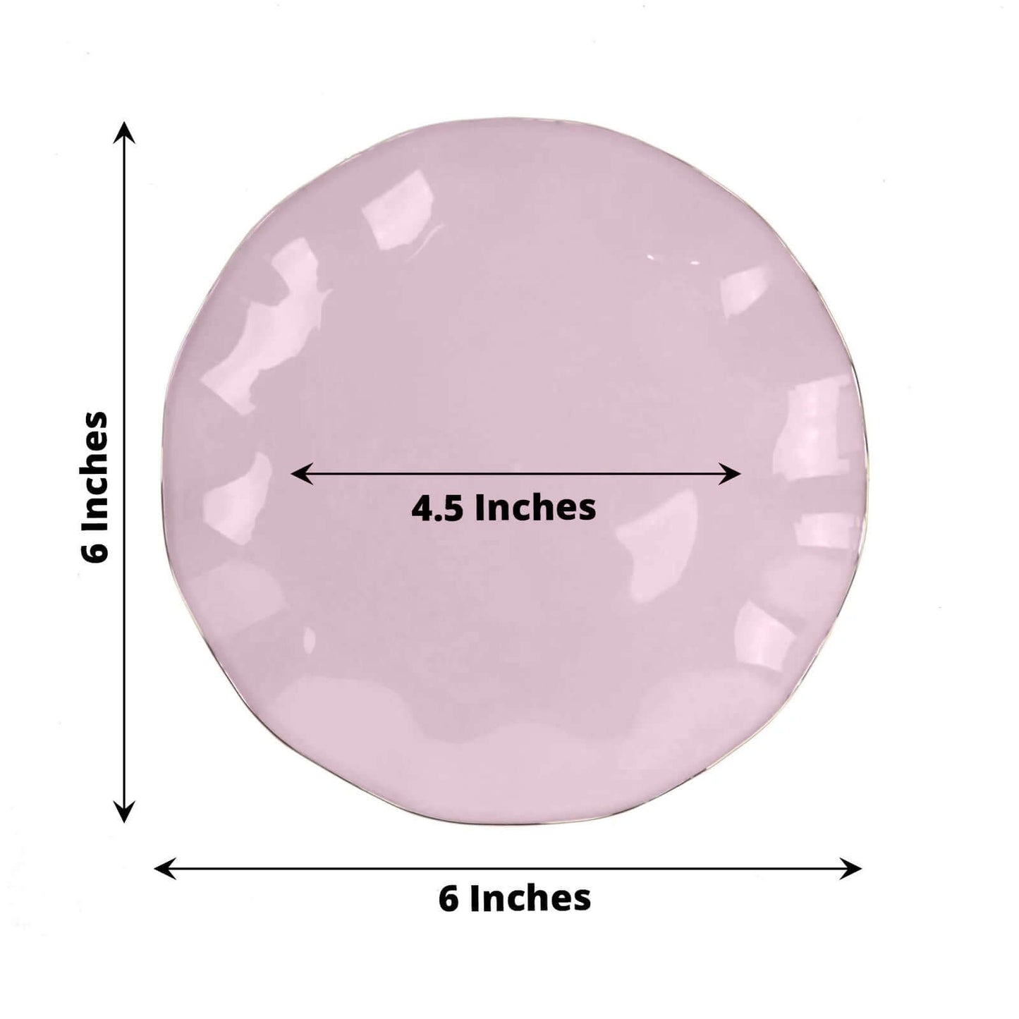 10-Pack Plastic Round 6" Dessert Plates in Lavender Lilac Ruffled Rim with Gold Edging - Sturdy Disposable Salad Appetizer Dinnerware