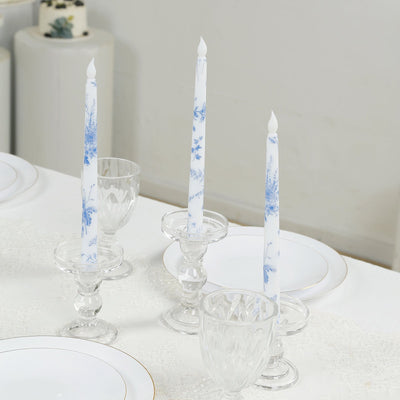 6-Pack 11’’ Flameless LED Taper Candles Flickering Battery Operated â€“ White & Blue French Toile Pattern - LED