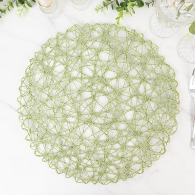 6-Pack Table Placemats Woven Fiber Design Sage Green Round - Disposable Mats for Dining and Events 15"