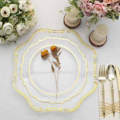 6-Pack Acrylic Plastic Hexagon Charger Plates 13’’ in Clear with Gold Baroque Scalloped Rim Exquisite Dinner Serving