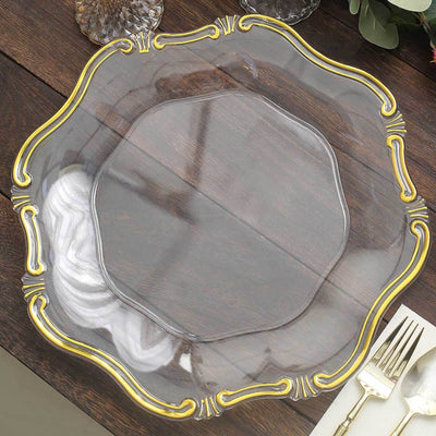 6-Pack Acrylic Plastic Hexagon Charger Plates 13’’ in Clear with Gold Baroque Scalloped Rim Exquisite Dinner Serving