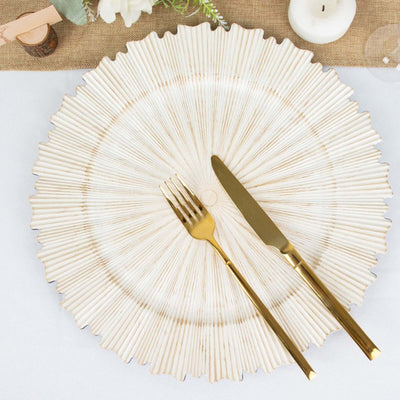 6-Pack Acrylic Plastic Round Charger Plates 13’’ in Antique White with Sunray Scalloped Rim Decorative Dinner Party