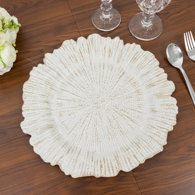 6-Pack Acrylic Plastic Round Charger Plates 13’’ in Antique White with Reef Design Dinner Charger Tableware